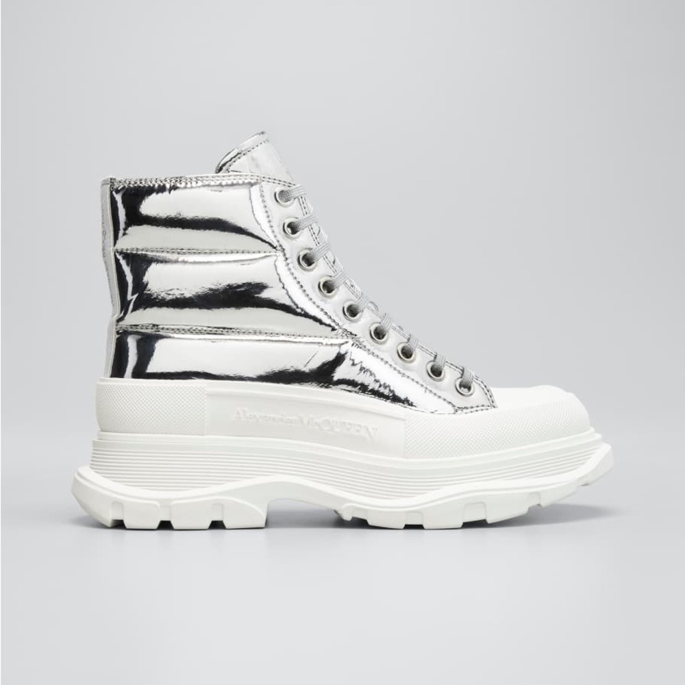 Worn 1x Alexander McQueen Tread Slick Boots quilted silver metallic leather 38
